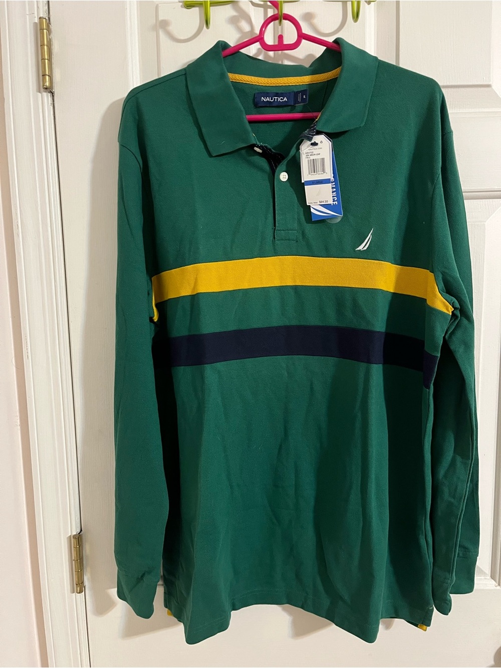 Nautica Polo Shirt XL Mens Green Long Sleeve Stripe Performance NWT